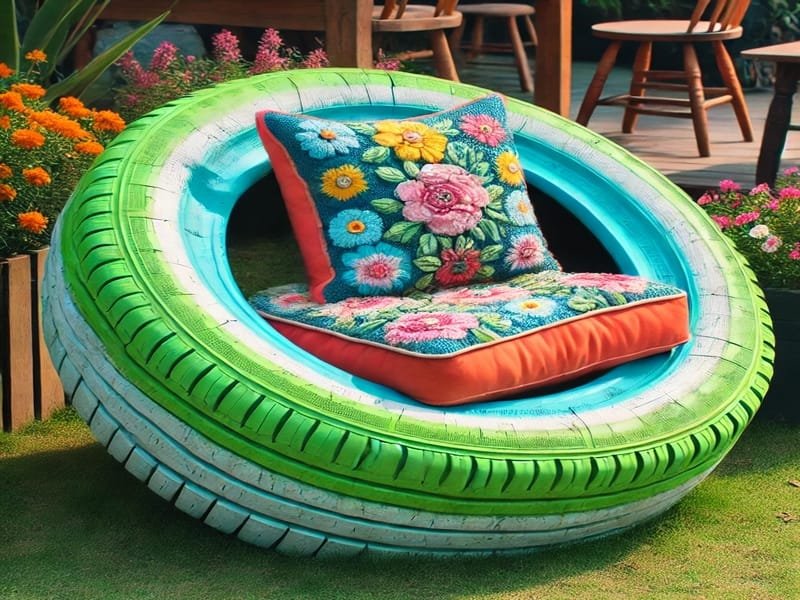 cadeira DIY pneus reciclados, móveis externos ecológicos, decoração de jardim, mobiliário reciclado.