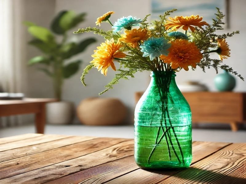 vaso DIY reciclado, decoração sustentável, vidro reciclado, flores frescas.